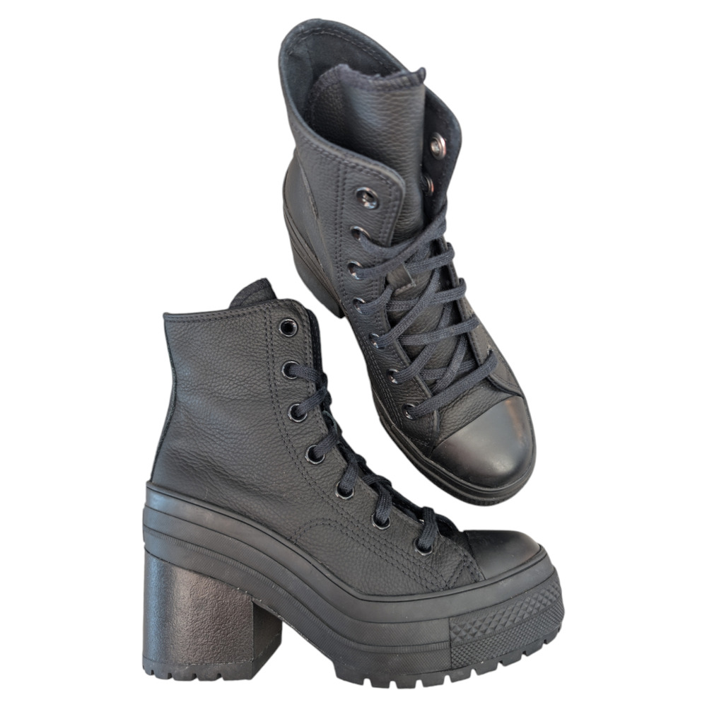 Converse Chuck 70 De Luxe Heel Leather Black Monochrome Sneaker Boot Womens 5